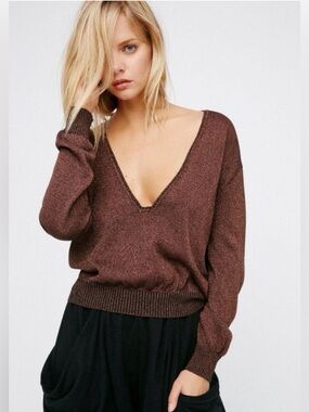 FREE PEOPLE Gold Dust Deep V-Neck Sweater Copper Brown Shimmer XS